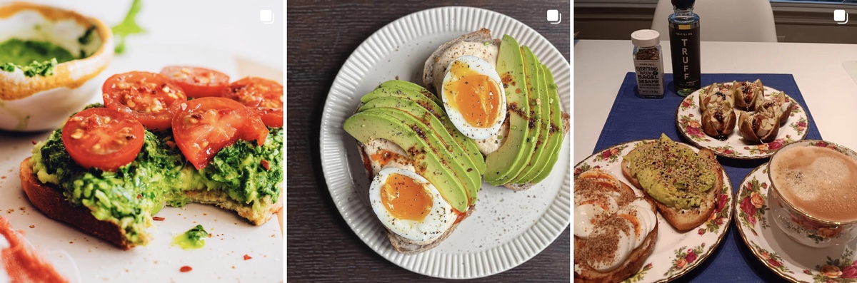 Three photographs of avocados on toast.