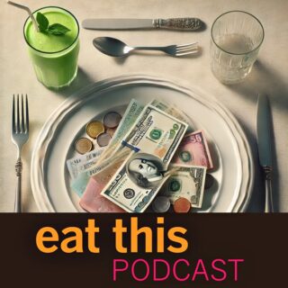 Cover artwork, A plate of money with a green smoothie in a glass at top left.