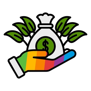 Graphic illustration of a rainbow hand holding a bag of money, symbolised by a dollar sign, from which are sprouting green leaves.