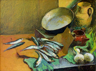 Still life with anchovies by Antonio Sicurezza. A pile of silvery anchovies on a yellow table with a frying pan in the top right corner and some garlic bottom right.