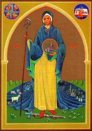 An icon of St Brigid wearing a blue cloak and with symbols of food and farming